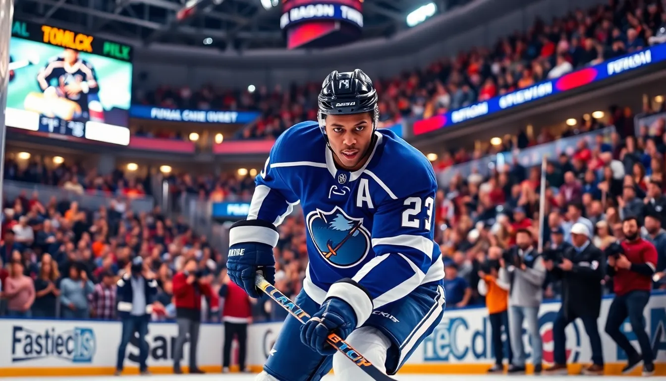 Player X skating fiercely during a hockey match surrounded by cheering fans.