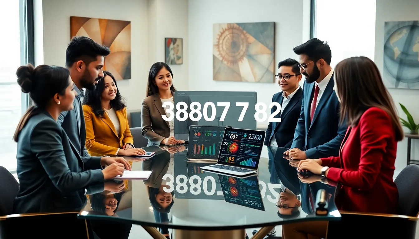 diverse professionals discussing the significance of the number 3880712702 in a modern office.